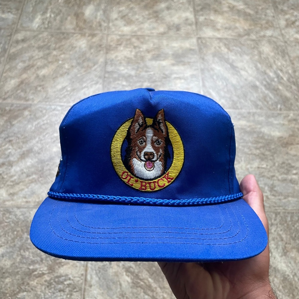 Vintage AmeriCap USA Ol Buck Buctril 95 Blue Rope Trucker Hat Leather Strapback